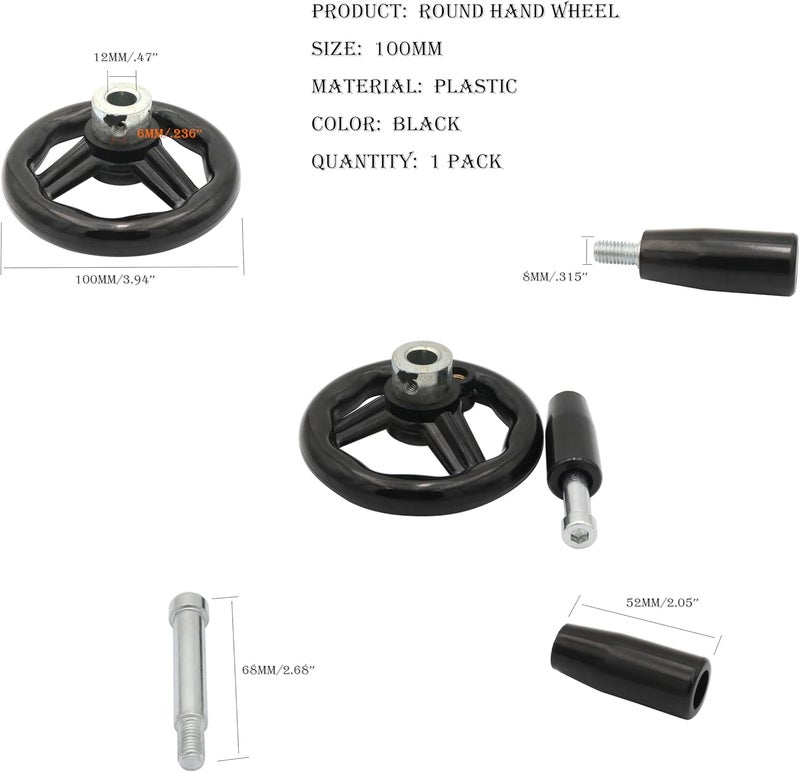 SCXCLY 1 Pack Hand Wheel, 12mm × 100mm Hand Wheel with Revolving Handle, Plastic, (Black) - Image 2